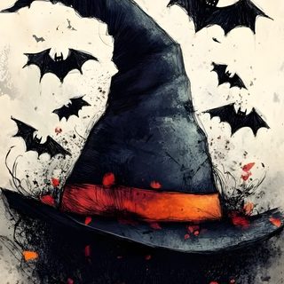 a painting of a witches hat with bats coming out of it Halloween Witch Hat Drawing Of Halloween, Spooky Drawings Halloween, Halloween Drawing Sketch, rosy brown