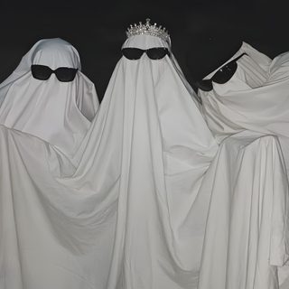 three white ghost costumes with black glasses on their heads and one wearing a tiara Trio Halloween Aesthetic 3 Friends, 3 Friends Aesthetic, 3 Besties, Three Besties Group Icon, dark gray