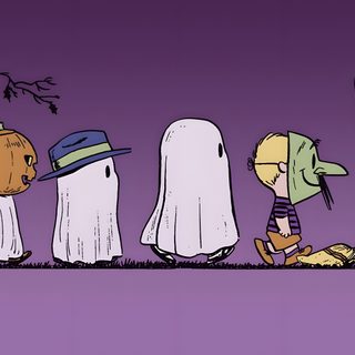 a group of cartoon characters dressed up as witches and ghostes walking in front of a tree Snoopy Halloween Chromebook Snoopy Fall Desktop, Peanuts Fall Computer, Fall Snoopy Desktop, dim gray