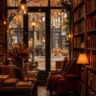 a room filled with lots of books next to a window covered in fall colored leaves Halloween Library Victorian Bookshop, Augtober Aesthetic, Books Everywhere Aesthetic, black