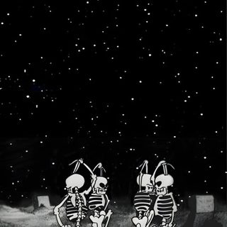 two skeletons are running in the grass at night Grunge Halloween Aesthetic Spooky Phone Backgrounds, Vintage Halloween Art Iphone, Halloween Aesthetic Skeleton, black