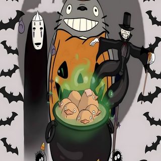 a happy halloween card with a cat in a caulder Studio Ghibli Halloween Halloween, Studio Ghibli Halloween Background, Studio, Studio Ghibli, gray