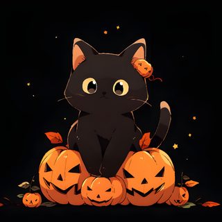 a black cat sitting on top of pumpkins in the dark with bats around it Halloween Cat 4k Laptop Halloween, Cute Halloween Desktop, Halloween Cute Laptop, Cats And Bats, black