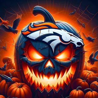 a pumpkin with an eagle on it in the middle of some pumpkins and bats Denver Broncos Halloween Broncos Denver, Avengers, Broncos Pumpkin Painting, saddle brown