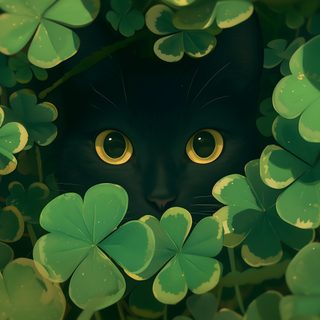 a black cat peeking out from behind clover leaves Halloween Black Cat Green Cozy Aesthetic Desktop, Cat Pc Background, Cat For Pc, dark slate gray