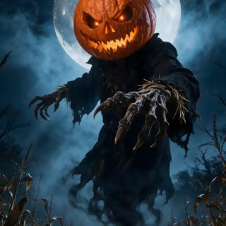 a scary scarecrow with a pumpkin on his head and hands in front of a full moon Scary Creepy Halloween Art black