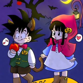 Kid Goku and chichi on Halloween♡ >w< Goku And Chichi Winter, Chichi Christmas Pfp, Chiaotzu Christmas, Christmas Kid Goku, Dbz Halloween, Christmas Gohan, Kid Vegeta And Bulma, Dragon Ball Z Cast, Christmas Dragonball Dragon Ball Halloween Goku And Chichi Winter, Chichi Christmas Pfp, Chiaotzu Christmas, dark slate blue