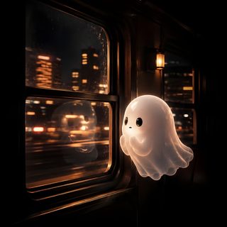 a ghost head hanging from the side of a train window at night with city lights in the background Halloween Ghost Train Take Me Home, Night Art, Anime Scenery, Cute Ghost, Scenery, Digital, black