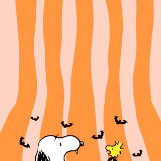 snoop and his pumpkin are in the middle of an orange striped background with black birds flying around Halloween Snoopy sandy brown