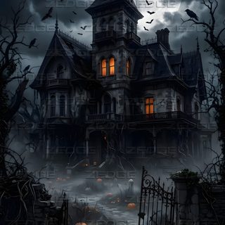 a creepy house with pumpkins in the yard Halloween Halloween Haunted House black