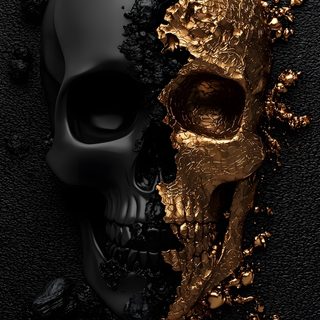 two gold skulls are next to each other on the ground, with black and gold paint all over them Black And Gold Halloween Golden Skull, Gold On Black Skull Drawing, Black And Gold Skull,