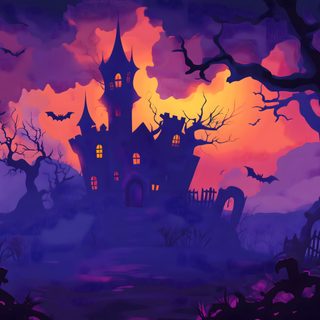 a spooky halloween castle with bats and pumpkins in the trees at night Wow Halloween 4k Fond D Ecran, Free Download, Halloween, midnight blue