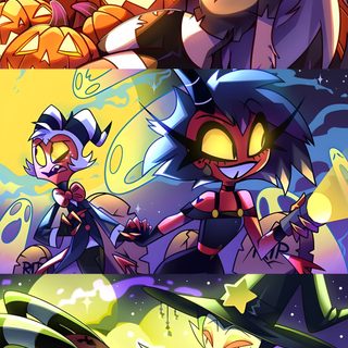 an image of some cartoon characters in different poses Halloween Hazbin Hotel Hellofaboss Fanart, Hellvana Boss, Helluva Boss Artwork, dim gray