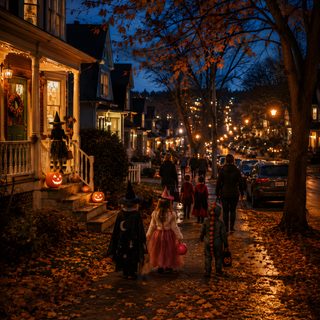 a group of people walking down a street at night with pumpkins on the ground Halloweentown Aesthetic black