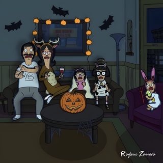 the family is dressed up for halloween in their living room with pumpkins on the coffee table Bobs Burger Halloween Bobs Burgers Pumpkin, Bobs Burgers Halloween, Bobs Burgers Beetlejuice, dark slate gray
