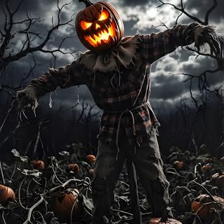 a creepy scarecrow standing in a field with pumpkins Halloween Scarecrow black