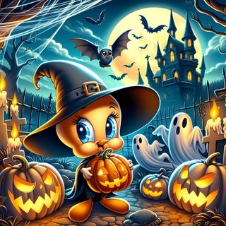 a cartoon cat wearing a witches hat and holding a pumpkin in front of a graveyard Tweety Bird Halloween Tweety Bird Drawing, Cute For Android, Family Plan, Halloween Printables, dim gray