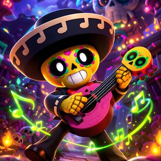 a cartoon character holding a guitar and wearing a sombrero with skulls in the background Brawl Stars Halloween Stars, Pure Products, dark slate gray