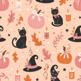 halloween seamless pattern with black cats and pumpkins on pink background, illustration for wallpaper or fabric design Halloween Kawaii Cute Black Cat Halloween Cat, Black Cat Halloween, Black Cat, Halloween, peach puff