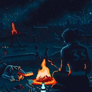 two people sitting around a campfire at night Halloween Pixel Art Gif Pixel Art Desert Night Scene, 8 Bit Animated, Pixel Art Camping Scene, black