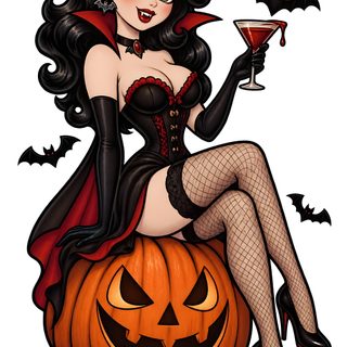 a woman dressed as a vampire sitting on top of a pumpkin with a glass in her hand Halloween Pinup Art burlywood