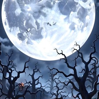a full moon is in the sky above some trees and pumpkins Full Moon Halloween Halloween Moon, Moon, Halloween, slate gray