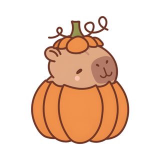 a cartoon pumpkin with a cute face on it's head, sitting in front of a Capybara Halloween Capybara Pumpkin, Capybara With Pumpkin On Head, Halloween Capybara, Halloween, white
