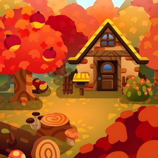 a house in the woods surrounded by trees and leaves with fall colors on it's foliage Animal Crossing Halloween Acnh Fall, Cozy Animal Crossing, Animal Crossing Fall Background, chocolate