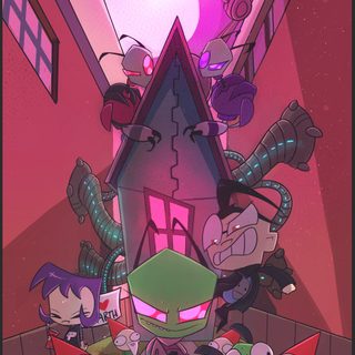 an image of some cartoon characters in a room with pink lights and purple lighting on the ceiling Invader Zim Halloween Invader Zim Gir Doom, Invader Zim Aesthetic, Invader Zim Doom, sienna