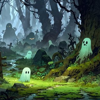 a forest with lots of tombstones in it Halloween Ghost Tree Haunted Woods, Pumpkin, Cute Halloween Decorations, Haunted Forest, dark slate gray