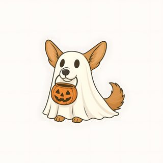 a dog wearing a ghost costume with a pumpkin in its mouth Corgi Halloween Ghost Poodle, Ghost Corgi, Dog Ghost, Halloween Corgi Drawing, white smoke