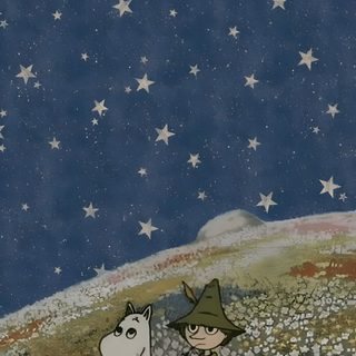 an image of two animals in the middle of a field with stars and flowers on it Moomin Halloween Moomin Christmas, Moomin Background, Phone Art, Cottagecore, Moomin Hd, dark slate gray