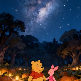 winnie the pooh and piglet are standing in front of pumpkins at night Disney Halloween Winnie The Pooh Movie, Winnie The Pooh Night, Cute Images With Quotes, dark slate gray