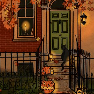 a painting of a house with pumpkins on the steps and a cat sitting outside Nostalgic Halloween Iphone Yankee Candles, Vintage Halloween Art, Image Halloween, saddle brown
