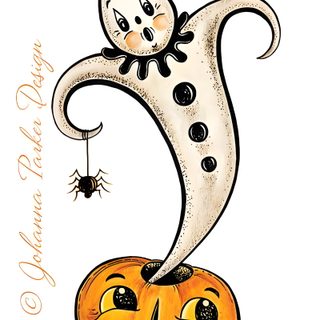 a drawing of a halloween pumpkin with a ghost on it Johanna Parker Halloween Vintage Ghost Drawing, Vintage Halloween Drawings, Halloween Creatures To Draw, white