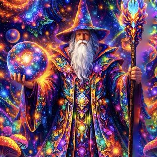 a wizard holding a wand in his hand and surrounded by colorful flowers, stars and swirls Merlin Wizard Halloween Rainbow Purple Wizard, Neon, Rainbow, Cloak, dark slate gray