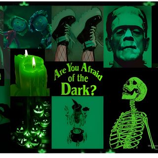 a collage of halloween images with green lights Green Halloween Desktop Green Halloween Theme, Dark Green Halloween, Green Halloween Aesthetic, black