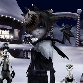 an animated character standing in the snow next to another character with long hair and blue eyes Sora Halloween Town 4k Kingdom Hearts Games, Kingdom Hearts 3, Halloween Town, Kingdom Hearts, dark slate gray