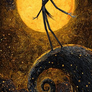 a painting of a skeleton standing on top of a wave in front of a full moon Cute Halloween Nightmare Before Christmas Tim Burton Jack Skellington, Nightmare Before Christmas, Halloween Artwork, black