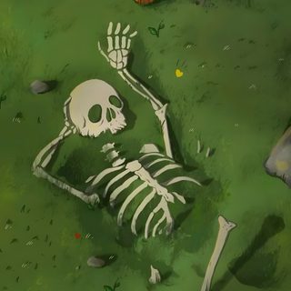 there is a skeleton laying on the ground next to a red box and some rocks Cute Halloween Skeleton Skeleton Illustration, Animes, Peace Illustration, dark olive green