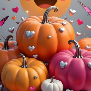 a bunch of pumpkins sitting on top of a table with butterflies flying around them Halloween Emoji gray