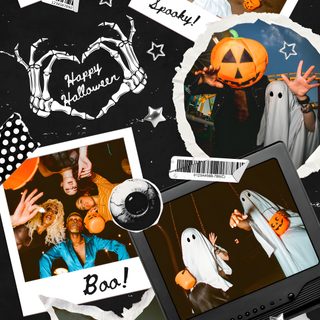 halloween collage with various pictures and words Halloween Canva dark olive green