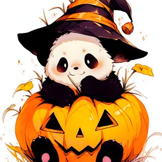 a panda bear sitting on top of a pumpkin Halloween Panda Cute Halloween Panda, Halloween Panda, Panda Pumpkin, Cute Halloween Panda Art, sandy brown