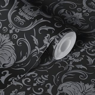 a black and white wallpaper with silver flowers on it's side, next to a roll of toilet paper Gothic Halloween For Home Gothic Room Ideas, Gothic Bedroom, Gothic Home, Gothic For Bedroom, dark slate gray
