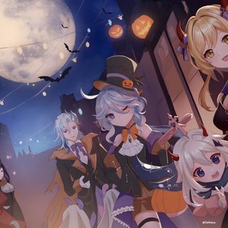 some anime characters standing in front of a full moon with bats and lanterns on the night sky Genshin Impact Halloween Fan Art, dark slate gray