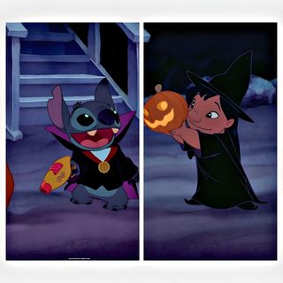 the animated characters are dressed up in costumes and holding pumpkins for trick or treat Matching Halloween For Best Friends Stitch Halloween Pfp, Lilo Halloween, Lilo And Stitch Halloween, dark slate blue