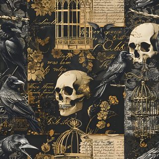 skulls and birds in cages on a black background with gold foiled paper that says, Halloween Spooky Grunge Custom Gothic Home Decor Inspiration, Gothic Skull, Halloween Decoration Ideas, dark slate gray