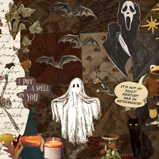 a collage of halloween images with ghost, pumpkins and other items on it Halloween Aesthetic 1920x1080 Halloween Ipad Horizontal, Halloween Backgrounds For Computer, Fall Pc, dark olive green