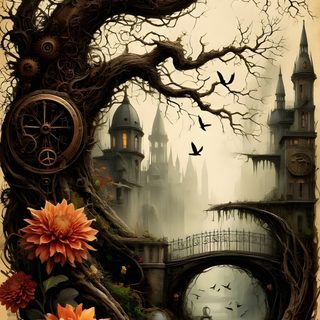 a painting of a tree with flowers and a clock Halloween Steampunk Steampunk Illustration, Halloween Iphone Backgrounds, Harry Potter Fondos De Pantalla, dark olive green