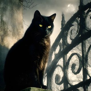 a black cat sitting on top of a stone wall next to a gate with a half moon in the background Creepy Black Cat Halloween Cat Art Illustration, Edgar Allen Poe Art, Halloween Pictures, dark slate gray